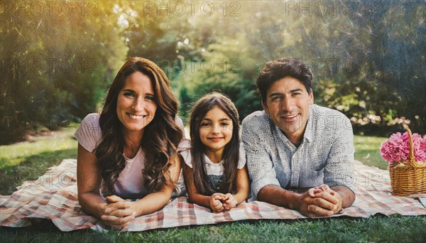 Family smiling and relaxing on a picnic blanket in the park with a basket, AI generated