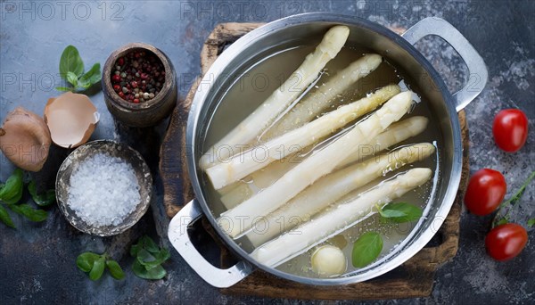 Cooking pot with white asparagus and various spices and herbs, fresh white asparagus in a cooking pot, KI generated, AI generated