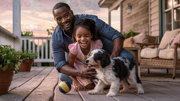 Family bonding with their dog on a cozy home porch surrounded by plants, AI generated