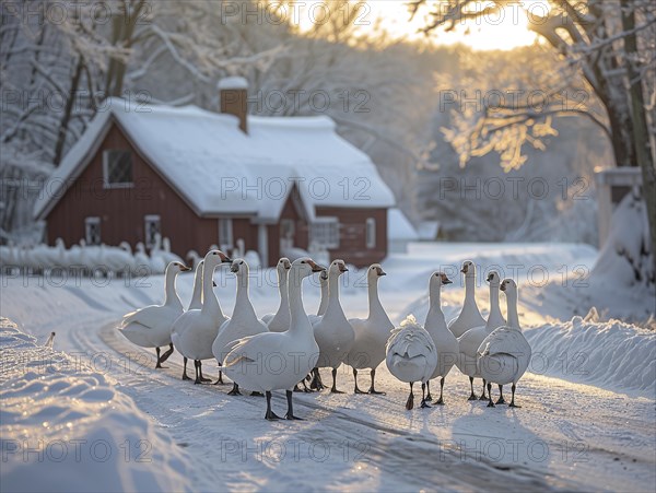 A row of swans marching on a snowy path with a red house in the background, AI generated, AI generated, AI generated