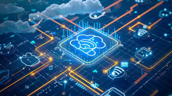 Isometric digital cloud computing concept with network and technology icons, ai generated, AI generated