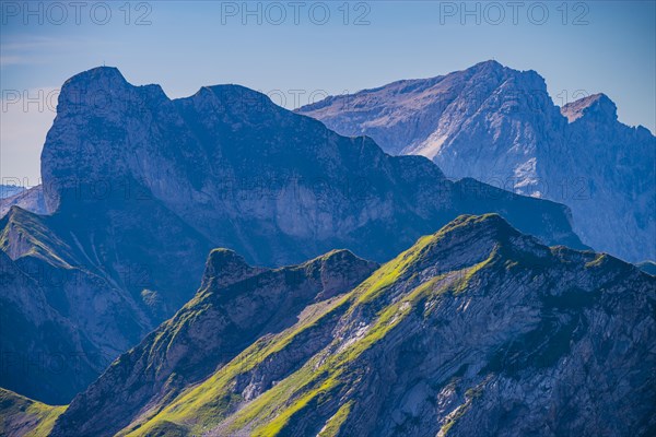 Mountain panorama from Laufbacher-Eckweg to Schneck, 2268m, behind Grosser Wilder, 2379m, Allgaeu Alps, Allgaeu, Bavaria, Germany, Europe