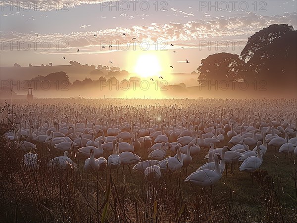 Swans on foggy grassland at sunrise with birds in flight in the background, AI generated, AI generated, AI generated