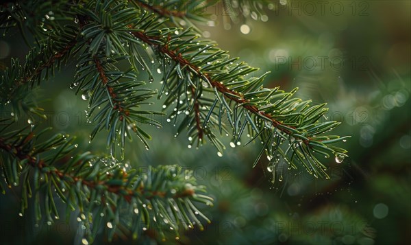 Closeup view on cedar branch in rain drops, bokeh background AI generated