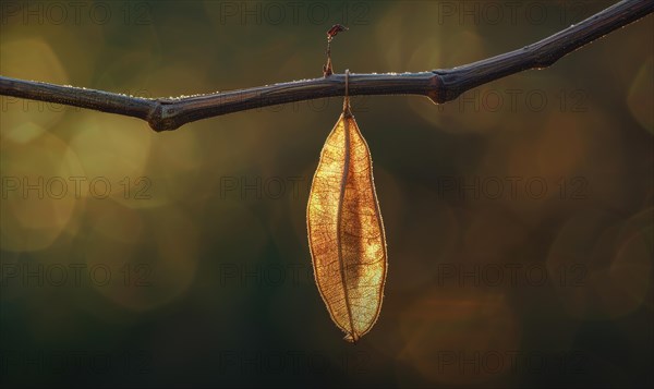 A close-up of a laburnum seed pod hanging from a branch AI generated