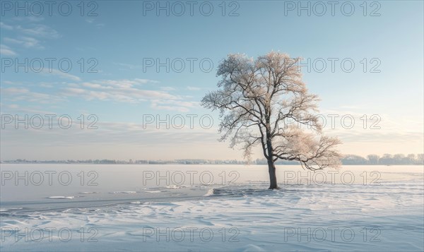 A solitary tree standing on the frozen shore of a lake AI generated