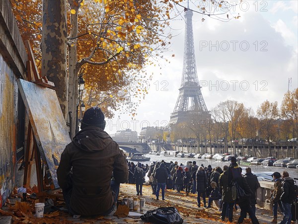 Kuenstler malt den Eiffelturm auf einer mit Herbstlaub bedeckten Promenade, Lifestyle in Paris, Frankreich, AI generiert, AI generated