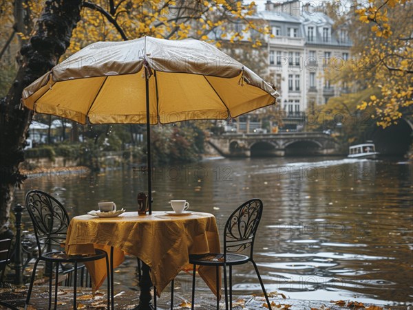 Gedeckter Tisch fuer zwei am regnerischen Ufer eines Flusses im Herbst, Lifestyle in Paris, Frankreich, AI generiert, AI generated