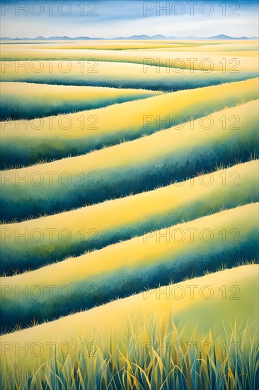 AI generated abstract painting of grasslands under a blazing sunset waves of greens