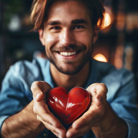 Cheerful young man with beard holding a red heart, with blurred background, AI generated