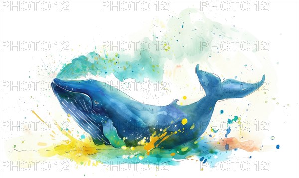 A watercolor illustration of a playful whale spraying water from its blowhole AI generated