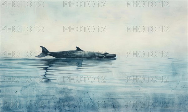 A serene watercolor painting featuring a solitary whale gracefully gliding through calm ocean waters AI generated