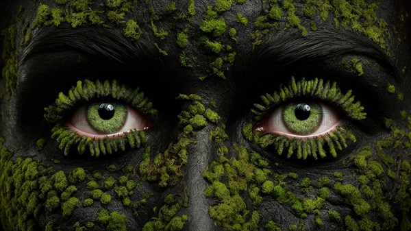 Woman's face with intricate moss and green eye makeup, merging seamlessly with nature elements, earth day concept, AI generated