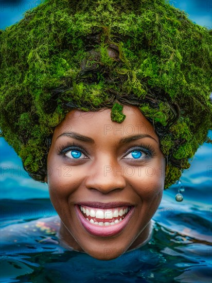 Beaming woman with moss hair, water droplets, in vibrant blue ocean, earth day concept, AI generated