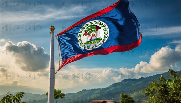 Flags, the national flag of Belize flutters in the wind