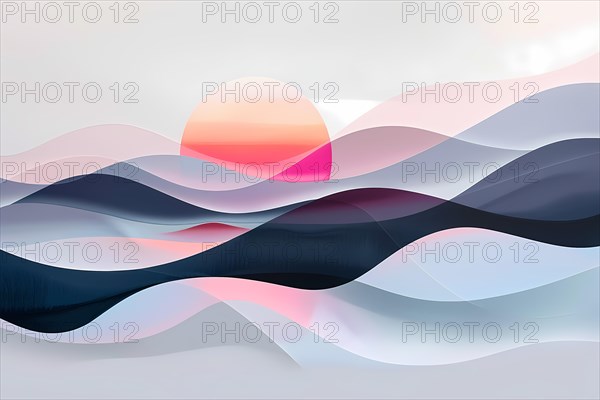 Serene abstract background with smooth waves reminiscent of a stylized sunset in soft hues, illustration, AI generated