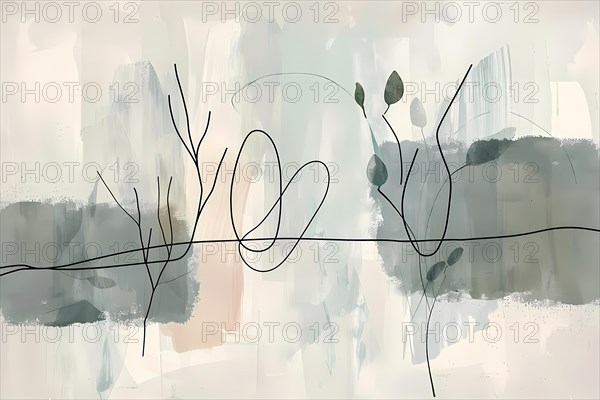Neutral-toned abstract image with brush strokes and line-art depicting leaves, illustration, AI generated