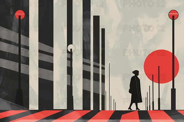 Surreal art of a pedestrian on a striped crosswalk with bold red and black tones, illustration, AI generated