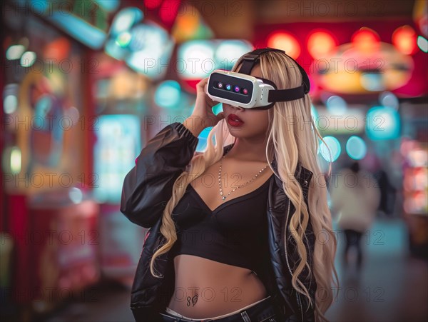 A fashion-forward individual wearing a VR headset stands before neon-lit urban scenery, AI generated