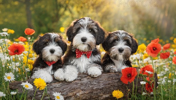 KI generated, animal, animals, mammal, mammals, one, single animal, bobtail, (Canis lupus familiaris), dog, dogs, bitch, dog breed from England, three young animals lying on a log in a meadow