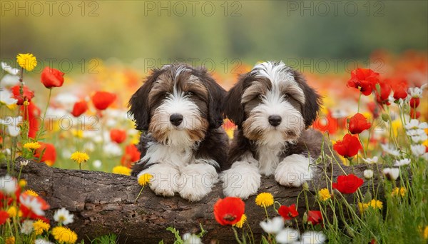 KI generated, animal, animals, mammal, mammals, bobtail, (Canis lupus familiaris), dog, dogs, bitch, dog breed from England, two puppies lying in a flower meadow