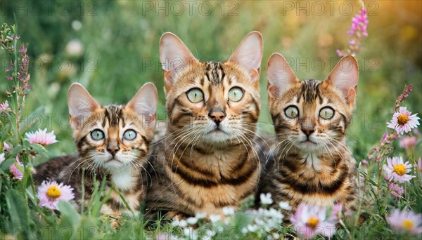 KI generated, animal, animals, mammal, mammals, cat, felidae (Felis catus), a cat and two kittens are lying in a meadow and resting