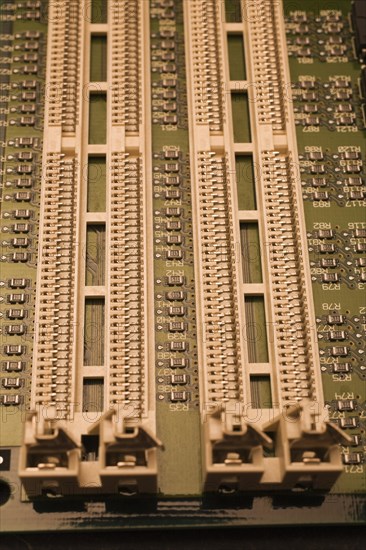 Close-up of greenish electronic computer circuit board, Studio Composition, Quebec, Canada, North America