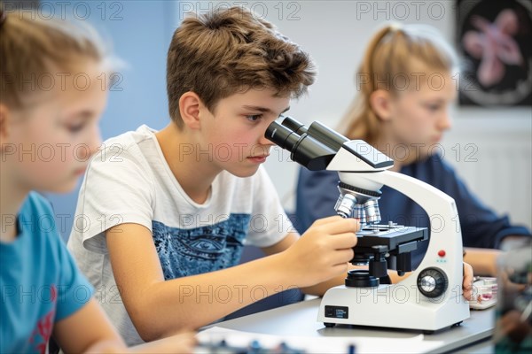 Student in a classroom looking into a microscope, biology lesson, AI generated, AI generated, AI generated