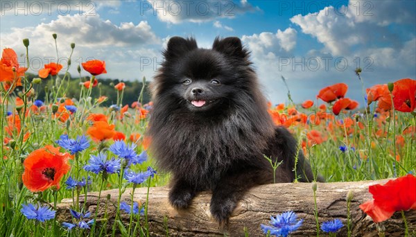 Ai generated, animal, animals, mammal, mammals, a, single animal, dwarf spitz, Spitz, (Canis lupus familiaris), dog, dogs, bitch, Pomeranians, a black dwarf spitz lies on a tree in a flower meadow