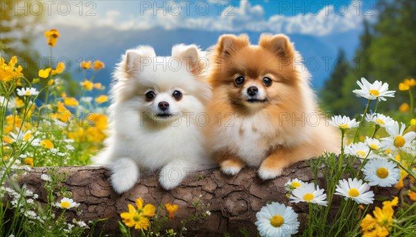 KI generated, animal, animals, mammal, mammals, a, single animal, dwarf spitz, Spitz, (Canis lupus familiaris), dog, dogs, bitch, Pomeranians, bitch and puppy lying in a flower meadow, tree trunk