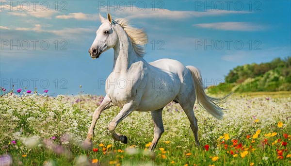 KI generated, A horse, horses, Arabian, in front of a blue sky, thoroughbred Arabian, AV, Arabian thoroughbred, (Eqqus ferus caballus), running in a meadow with colourful flowers