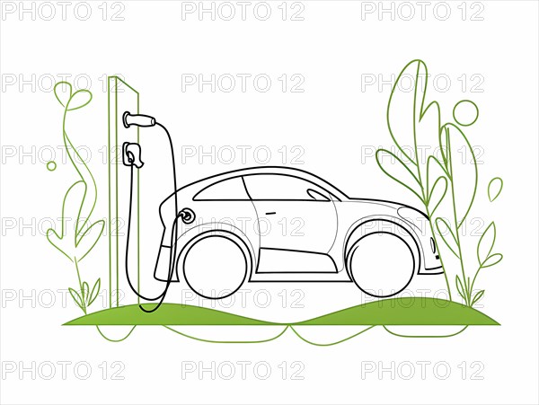 Simple outline drawing of an eco-friendly car at a charging station with greenery, illustration, AI generated