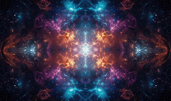Symmetrical abstract celestial design with vibrant fractal elements in blue, purple, and orange AI generated