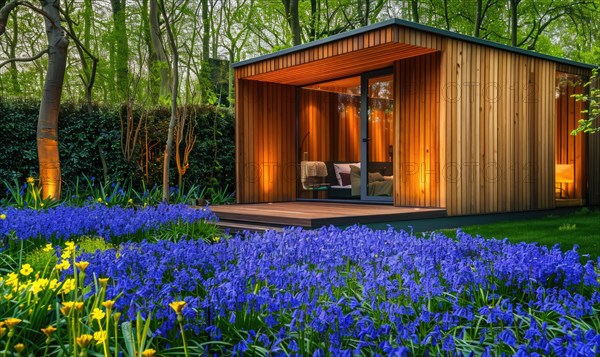 A serene modern wooden cabin surrounded by a lush carpet of bluebells and forget-me-nots in a peaceful spring garden AI generated
