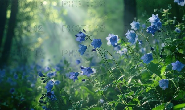 Bellflowers in a woodland clearing, closeup view, selective focus AI generated