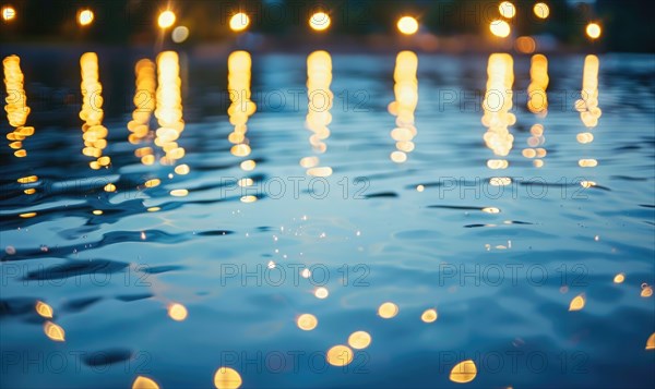 Bokeh lights reflecting off the surface of a calm lake at twilight AI generated