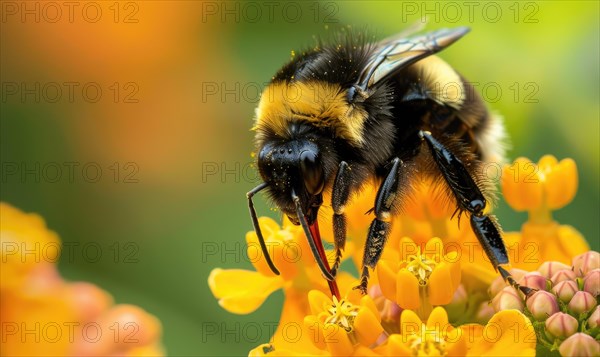 Bumblebee collecting pollen from flowers, closeup view, selective focus AI generated