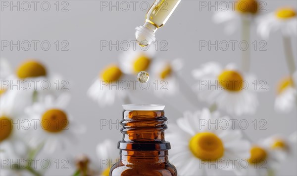 Chamomile essential oil in a dropper bottle, closeup view, skin care cosmetic background AI generated