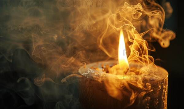 Close-up of a candle with wisps of smoke rising from the flame AI generated