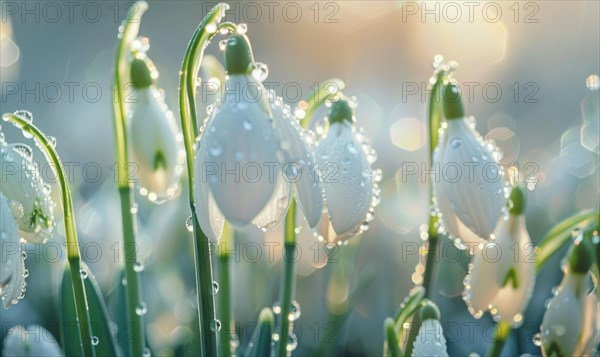 Close-up of snowdrops with dewdrops, spring nature background AI generated