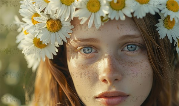 Daisies arranged in a floral crown, young woman in floral crown, nature beauty AI generated