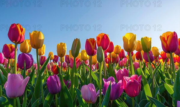 Field of vibrant tulips, spring nature, tulip background AI generated