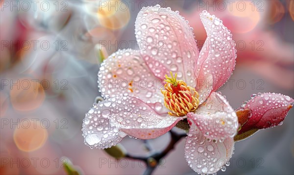 Magnolia blossom close-up with dewdrops glistening on the petals AI generated