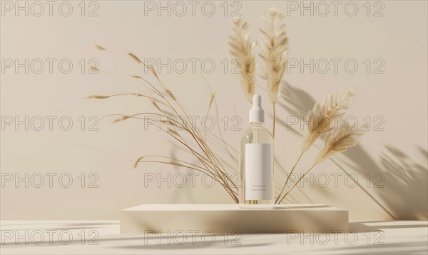 Studio shot of a minimalist glass bottle mockup containing a high-quality natural skincare serum AI generated