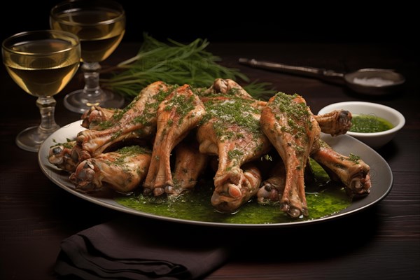 Delicious Fried Frog Legs with Fresh Herbs and Wine, AI generated