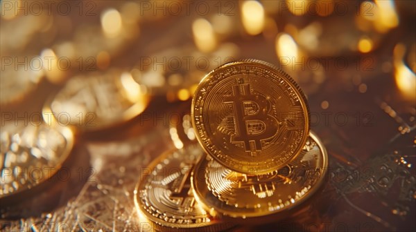 A captivating close-up image showcasing a collection of golden Bitcoins, reflecting affluence and the digital currency revolution, AI generated