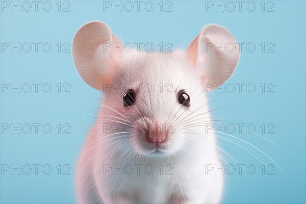 Portrait of white mouse on blue background. KI generiert, generiert, AI generated
