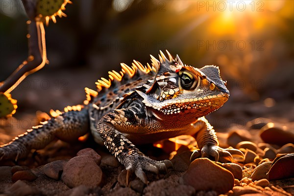 Horned lizard in perfect camouflage with the desert floor basking under the warm glow of the sonora desert, AI generated