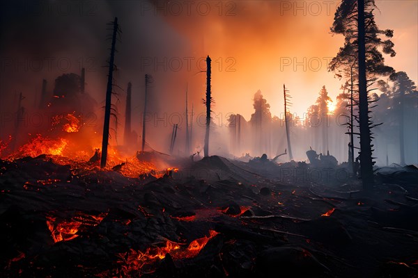 Charred tree skeletons in a smoke filled landscape remnants of a forest fire ignited by lava flow, AI generated