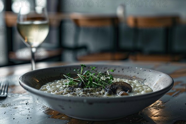 A bowl of gourmet risotto topped with truffle and fine herbs in a cozy, dimly lit ambiance, AI generated